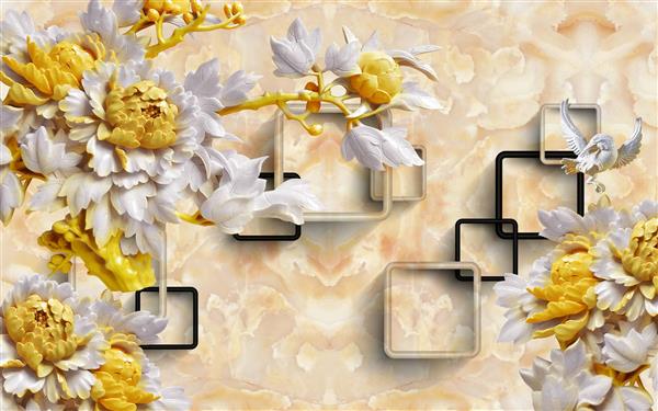 طرح پوستر کاغذ دیواری سه بعدی گل های سفید و طلایی در پس زمینه مربعی و مرمر