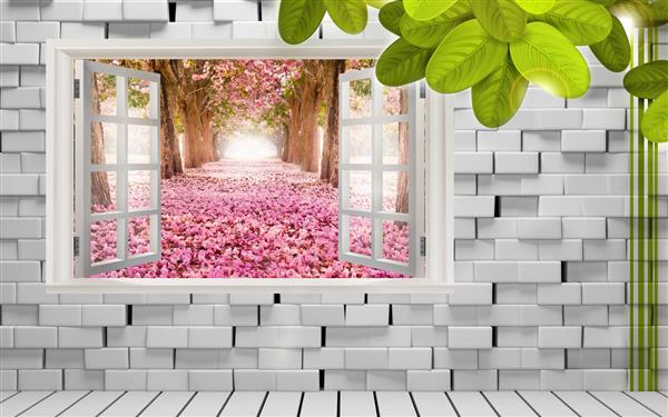 طرح پوستر کاغذ دیواری سه بعدی پنجره رو به باغ بهاری