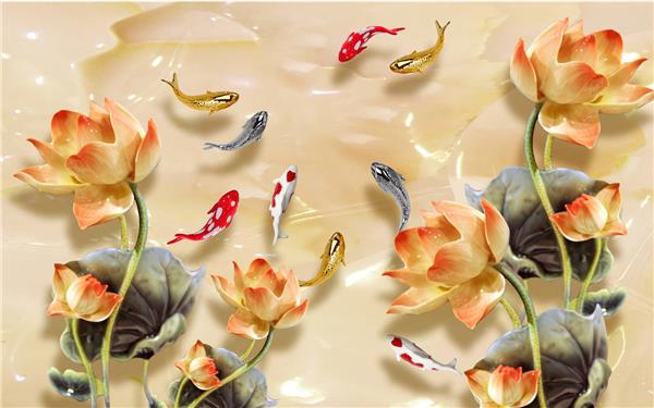 طرح پوستر کاغذ دیواری سه بعدی گل های هلندی و ماهی