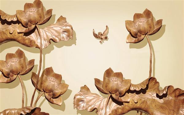 طرح پوستر کاغذ دیواری سه بعدی گل های چوبی