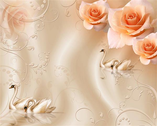طرح پوستر کاغذ دیواری سه بعدی گل های صورتی و قو های زیبا