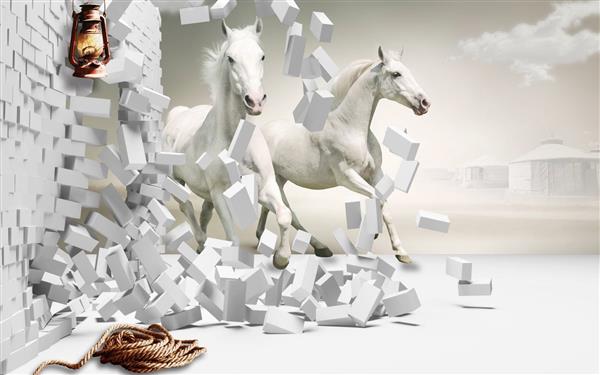 طرح پوستر کاغذ دیواری سه بعدی اسب های سفید و دیوار آجری