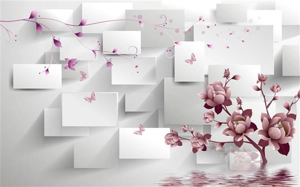طرح پوستر کاغذ دیواری سه بعدی گل های زرشکی