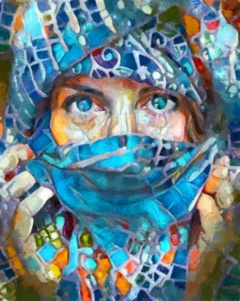 نقاشی چهره زن ایرانی زیبا با چشمان آبی به سبک موزاییکی