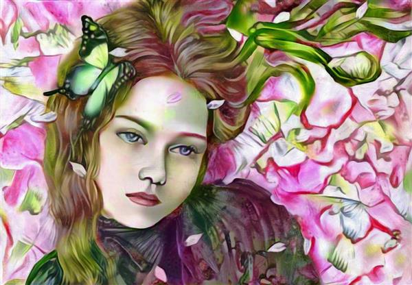 نقاشی دختر زیبا با موهای باز در پس زمینه گل های صورتی 