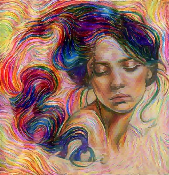 نقاشی دیجیتال به سبک رنگ و روغن دختر زیبا با موهای پریشان