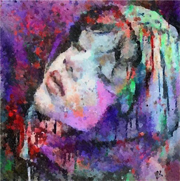 نقاشی دیجیتال به سبک رنگ و روغن از دختر نوجوان زیبا با شال با رنگ های شاد 