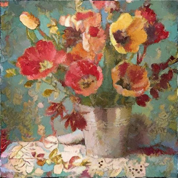 نقاشی دیجیتال به سبک رنگ و روغن گلها زیبا در گلدان استیل