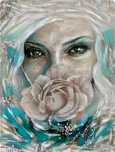 نقاشی دیجیتال زن یا مادر زیبای ایرانی و گل