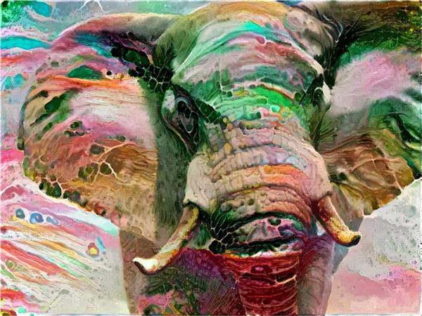 نقاشی دیجیتال فیل و رنگ های پاشیده شده
