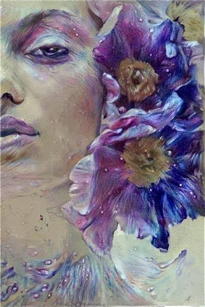 نقاشی دیجیتال زن زیبا با گلهای لاجوردی