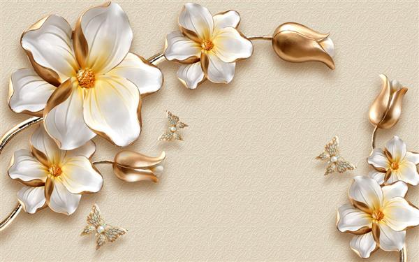 طرح پوستر کاغذ دیواری سه بعدی غنچه و گل های سفید و طلایی