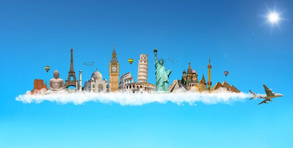 بناهای تاریخی مشهور جهان روی دود هواپیما در آسمان آبی کنار هم قرار گرفته اند