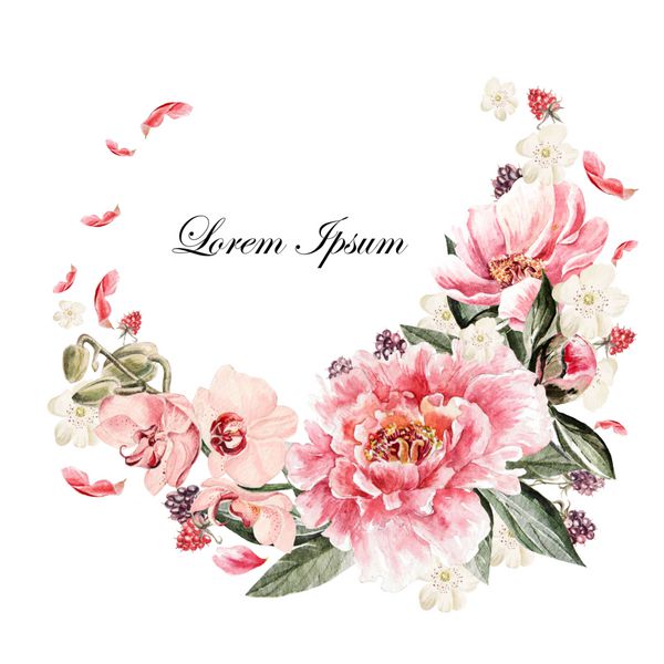 کارت آبرنگ زیبا با گل صد تومانی ارکیده گل رز و توت تاج گل عروسی