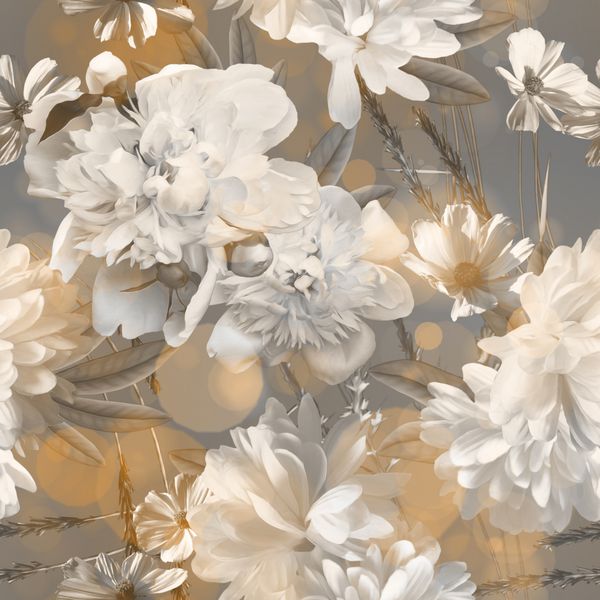 الگوی بدون درز گلدار تار تک‌رنگ و قدیمی با گل صد تومانی سفید در پس‌زمینه خاکستری روشن و طلایی جلوه بوکه