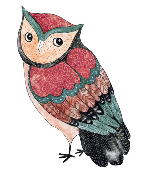 تصویر بچه های خنده دار آبرنگ با جغد نقاشی حیوانات با دست نقاشی پرنده جغد مناسب برای تی شرت کارت چاپ کارت پستال