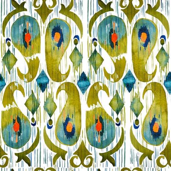 الگوی بدون درز پر جنب و جوش ikat آبرنگ سبز الگوی قبیله ای مرسوم مد روز در سبک آبرنگ پر طاووس