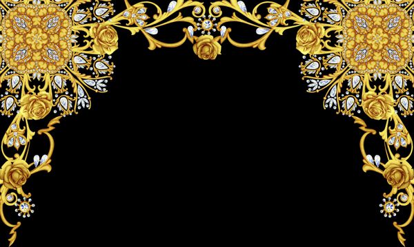 ترکیب بندی دکوراتیو افقی با موتیف شرقی و گل رز طلایی 1 طراحی قدیمی برای کارت تبریک و دعوتنامه ایزوله شده روی پس زمینه مشکی