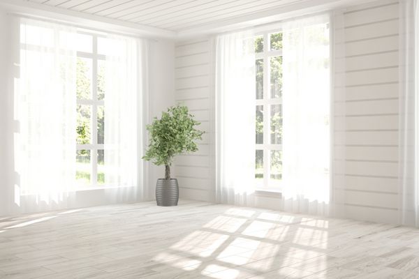 اتاق خالی سفید و منظره سبز در پنجره طراحی داخلی اسکاندیناوی تصویرسازی سه بعدی