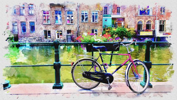 منظره آبرنگی از جنت یا گنت بلژیک با یک دوچرخه تزئین شده به طور سنتی در پیش‌زمینه بر فراز شهر مناظر روی پس‌زمینه بافت کاغذی آبرنگ