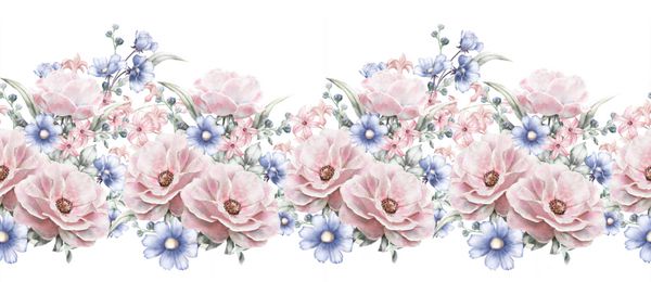جدا شده حاشیه الگوی بدون درز با گل‌های صورتی برگ‌ها الگوی گل آبرنگ پرنعمت با برگ و گل رز گیاهان رنگ پاستلی لبه گل بدون درز نوار برای کارت عروسی یا پارچه