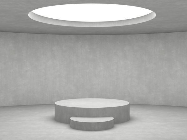سکوی خالی روی اتاق بتونی سفید با سوراخ باز در پس‌زمینه سقف تصویر رندر سه بعدی
