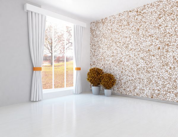 اتاق خالی سفید با پرده و منظره نارنجی در پنجره طراحی داخلی اسکاندیناوی تصویرسازی سه بعدی