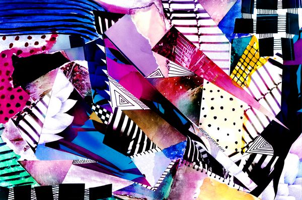 اثر هنری گلدار آبرنگ کاردستی کاغذ کلاژ انتزاعی با عناصر هندسی کاغذهای کوچک هنر انتزاعی نقاشی شده با دست با عناصر زرق و برق
