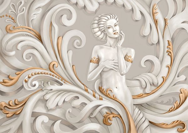 تصویر فانتزی یک زن جوان زیبا سبک سازی برای مجسمه سازی با زیور آلات طلا