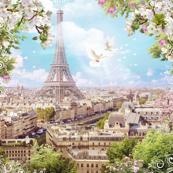 برج ایفل گلهای درختان سیب و کبوتر نمای شهر نقاشی دیواری دیجیتال