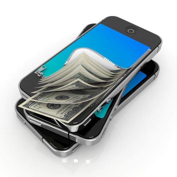 تلفن هوشمند با پول مفهوم پرداخت موبایلی