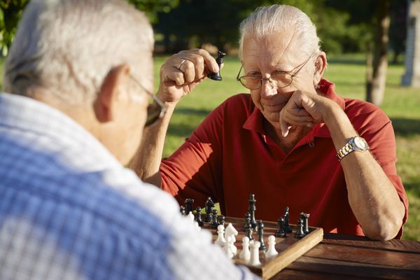 بازنشستگان فعال دوستان قدیمی و اوقات فراغت دو مرد ارشد در حال تفریح و شطرنج در پارک سر و شانه