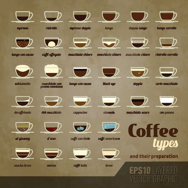 انواع قهوه و تهیه آنها مجموعه آیکون وکتور اینفو گرافیک