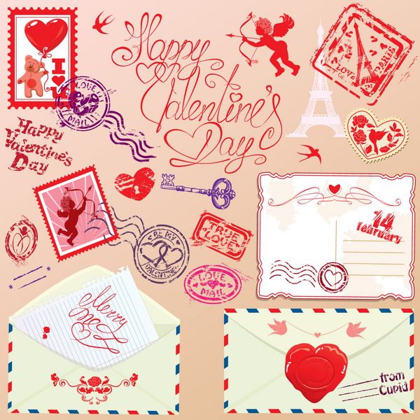 مجموعه ای از عناصر طراحی نامه عشق - تمبر پاکت نامه کارت پستال - مجموعه پستی روز ولنتاین یا عروسی