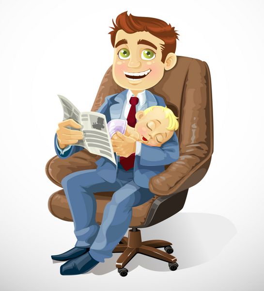 پدر تجاری با کودک خواب روی صندلی اداری و خواندن سوابق تجاری