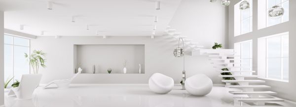فضای داخلی سفید پانورامای اتاق نشیمن آپارتمان مدرن رندر سه بعدی