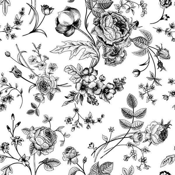 الگوی وکتور بدون درز با دسته گل ویکتوریایی از گل‌های سیاه در پس‌زمینه سفید گل رز باغی لاله دلفینیوم گل اطلسی تک رنگ