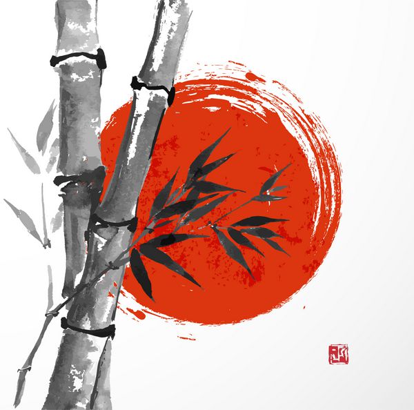 کارت با بامبو و خورشید قرمز بزرگ به سبک سومی طراحی دستی با جوهر وکتور نقاشی سنتی ژاپنی بامبو-ژاپن