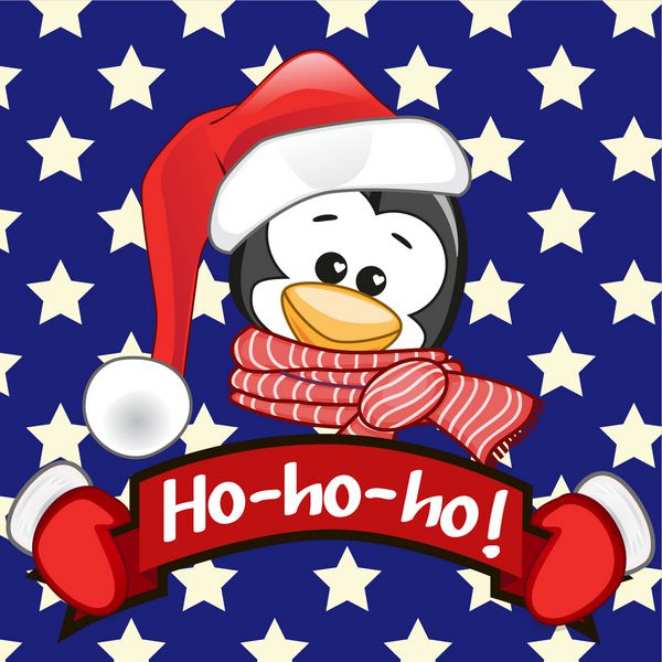 تصویر کریسمس پنگوئن کارتونی در کلاه بابانوئل در پس زمینه ستاره