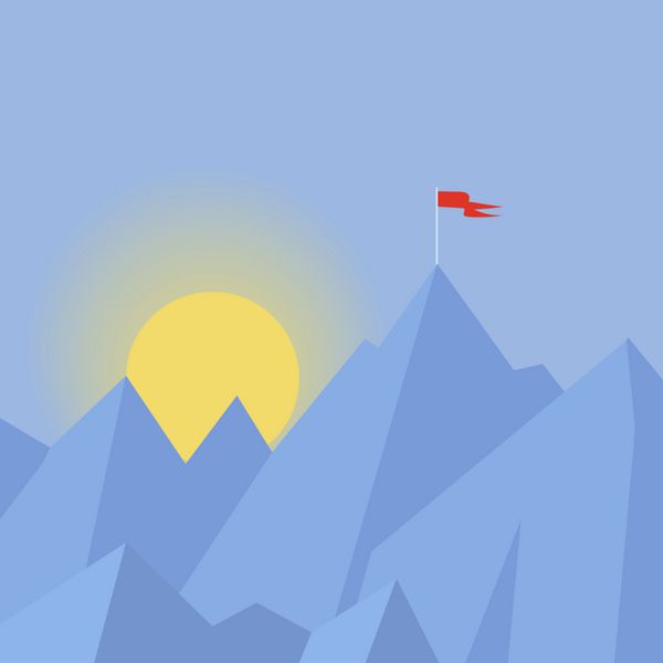 مفهوم تصویرسازی مدرن طراحی تخت با پرچم روی قله کوه به معنای غلبه بر مشکلات دستیابی به هدف استراتژی برنده شدن با تمرکز بر نتایج