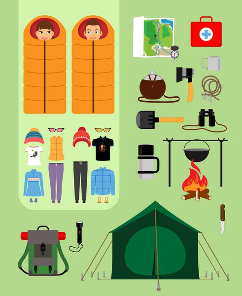 دختر و پسر در کیسه خواب در کنار چادر با آتش و کوله پشتی امکانات گردشگری تفریحی بقا در طبیعت وکتور