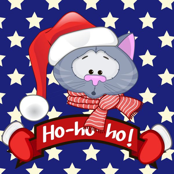 تصویر کریسمس گربه کارتونی در کلاه بابانوئل در پس زمینه ستاره