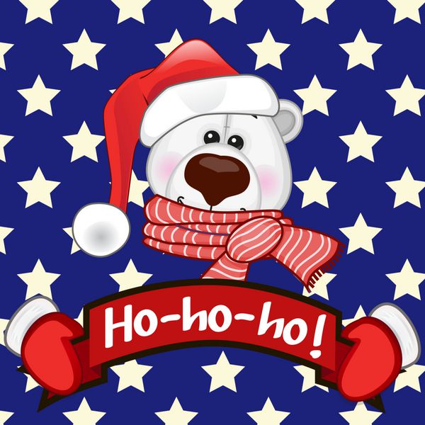 تصویر کریسمس کارتونی خرس قطبی در کلاه بابانوئل در پس زمینه ستاره