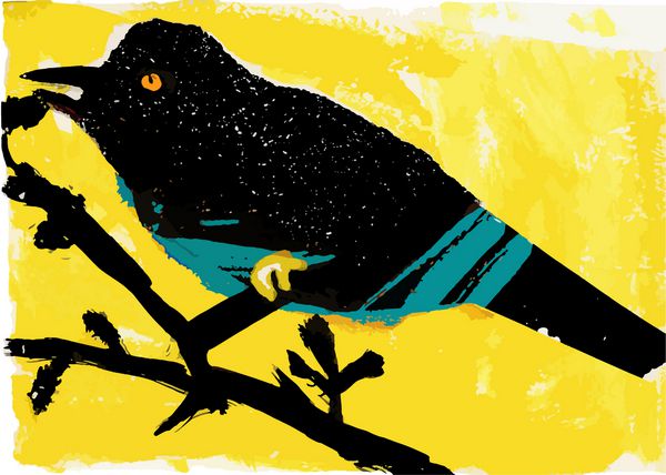 پرنده سیاه گرانج ساده با خطوط آبی روی شاخه وکتور از نقاشی اکریلیک اصلی
