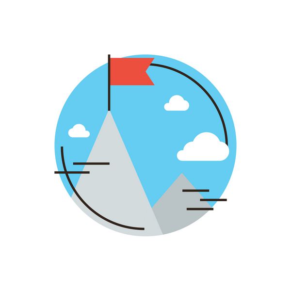 نماد خط نازک با عنصر طراحی مسطح هدف تجاری موفقیت پرچم در بالای قله کوه دستاورد چالش رهبری موفق ماموریت مفهوم وکتور وکتور آرم به سبک مدرن