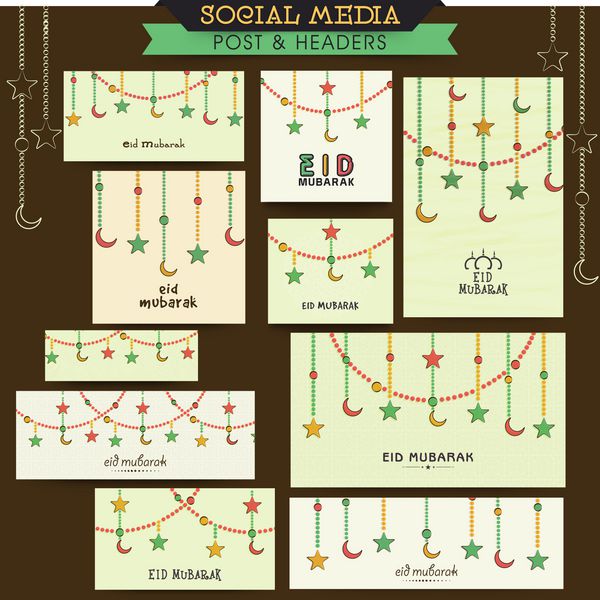 تبلیغات رنگارنگ رسانه های اجتماعی خلاقانه پست سرصفحه یا بنر برای جشنواره جامعه مسلمانان جشن عید مبارک