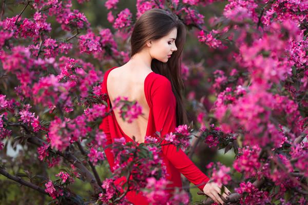 زن جوان زیبا با لباس قرمز ظریف در میان درختان صورتی در باغ