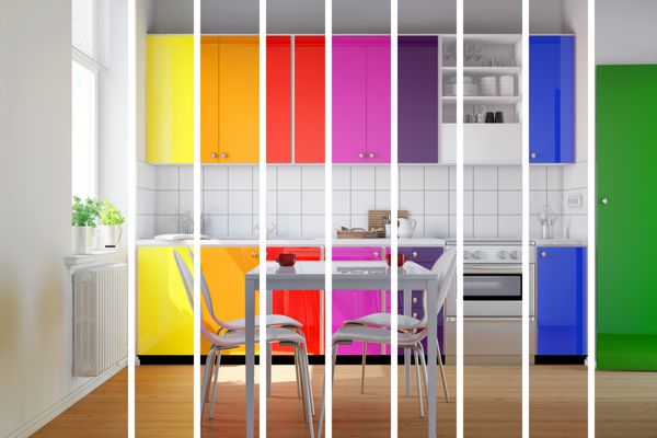 آشپزخانه رنگارنگ در راه راه های رنگین کمانی به عنوان انتخاب رنگ برای انتخاب های طراحی داخلی رندر سه بعدی