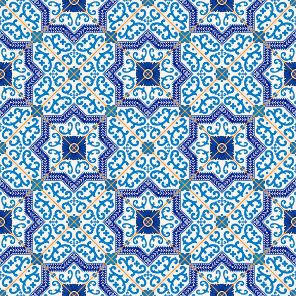 الگوی بدون درز زرق و برق دار از آبی تیره و سفید مراکشی کاشی پرتغالی آزولخو زیور آلات قابل استفاده برای کاغذ دیواری پر کردن الگو پس‌زمینه صفحه وب بافت‌های سطحی