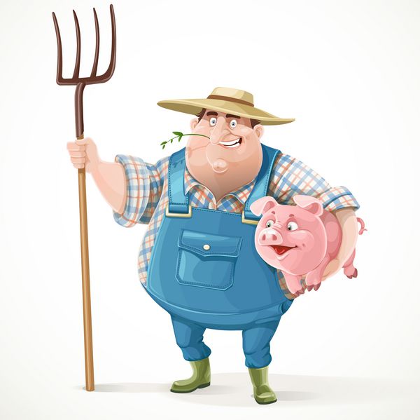 کشاورز پیر ضخیم با لباس و کلاه حصیری که چنگال و خوک ایزوله شده در پس زمینه سفید در دست دارد